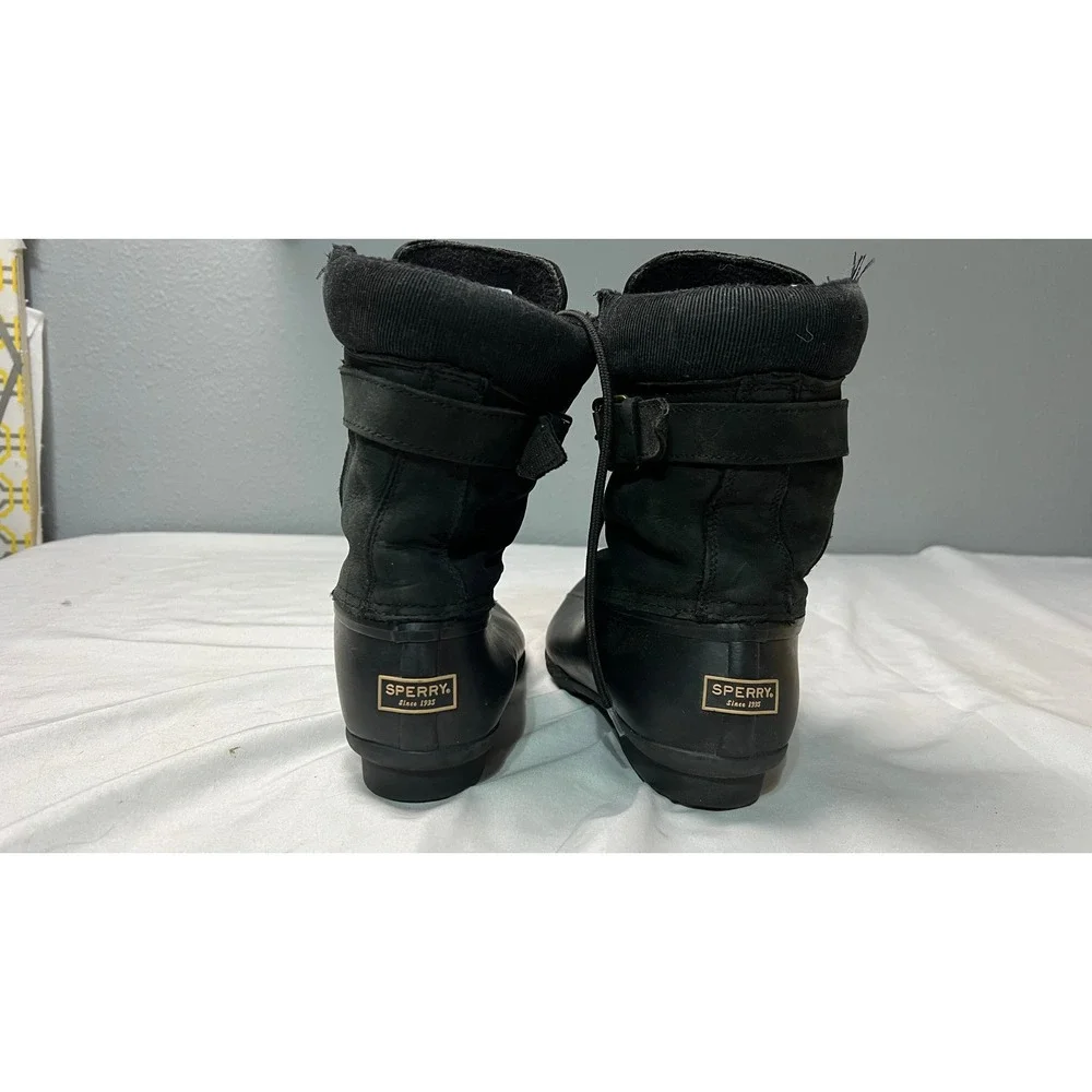 Sperry Saltwater Black Waterproof Duck Boots Women 9.5 STS83220 Side Zip Leather